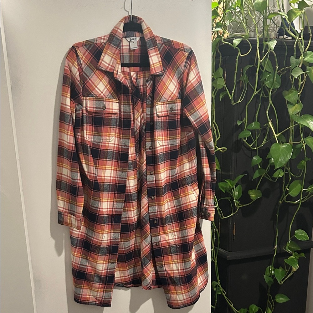 Duluth Trading Co plaid rust, black yellow, cream flannel shacket.